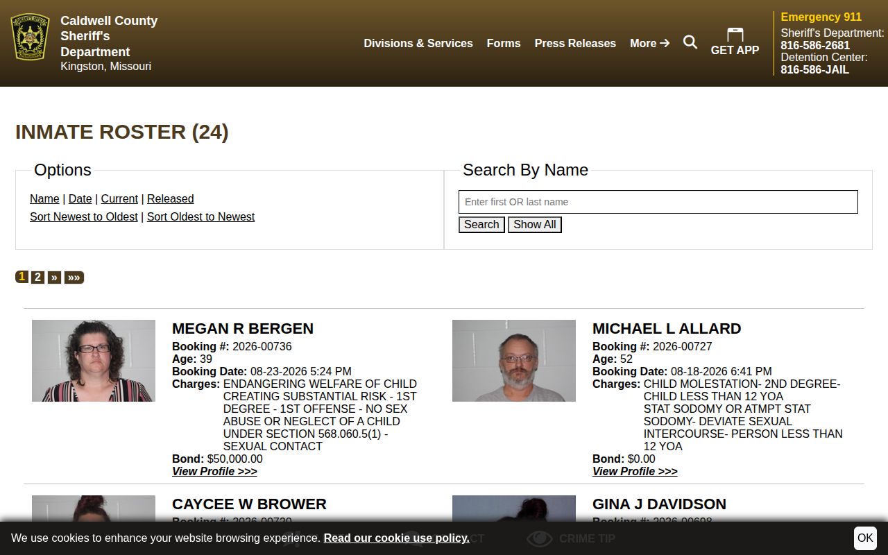 Caldwell County current booking roster search interface