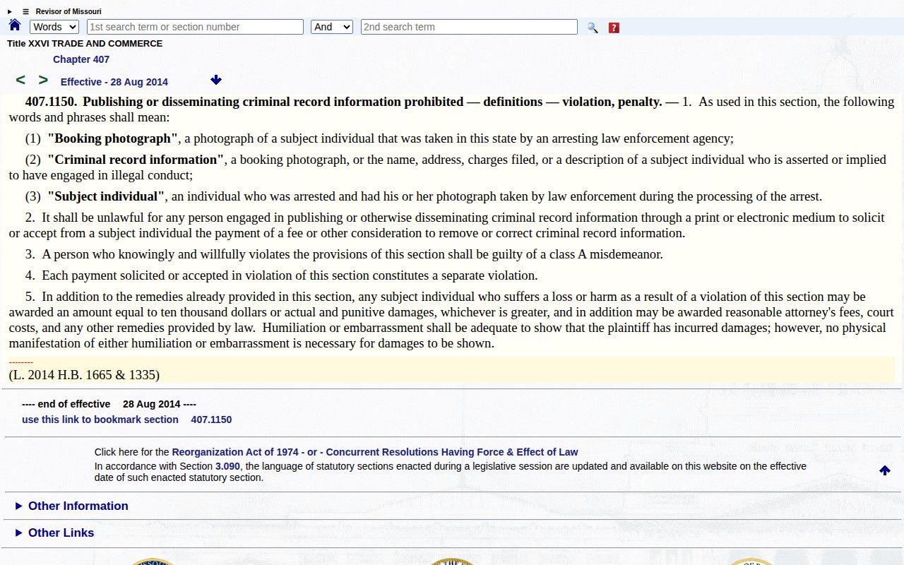 Caldwell County booking-record statute page for Missouri mugshot law