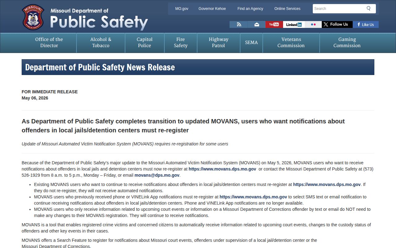 Caldwell County custody notification update for Missouri MOVANS