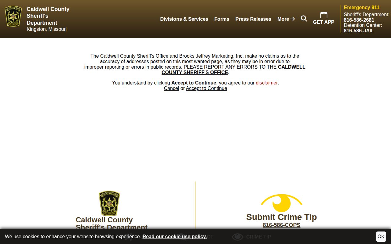 Caldwell County Most Wanted official disclaimer and wanted-record source